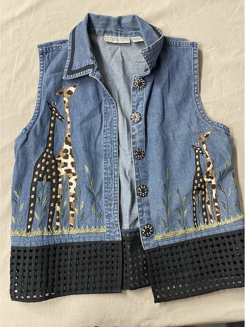 Vintage Dress Barn Blue Denim Button Down Vest with Giraffes Cotton Size S
